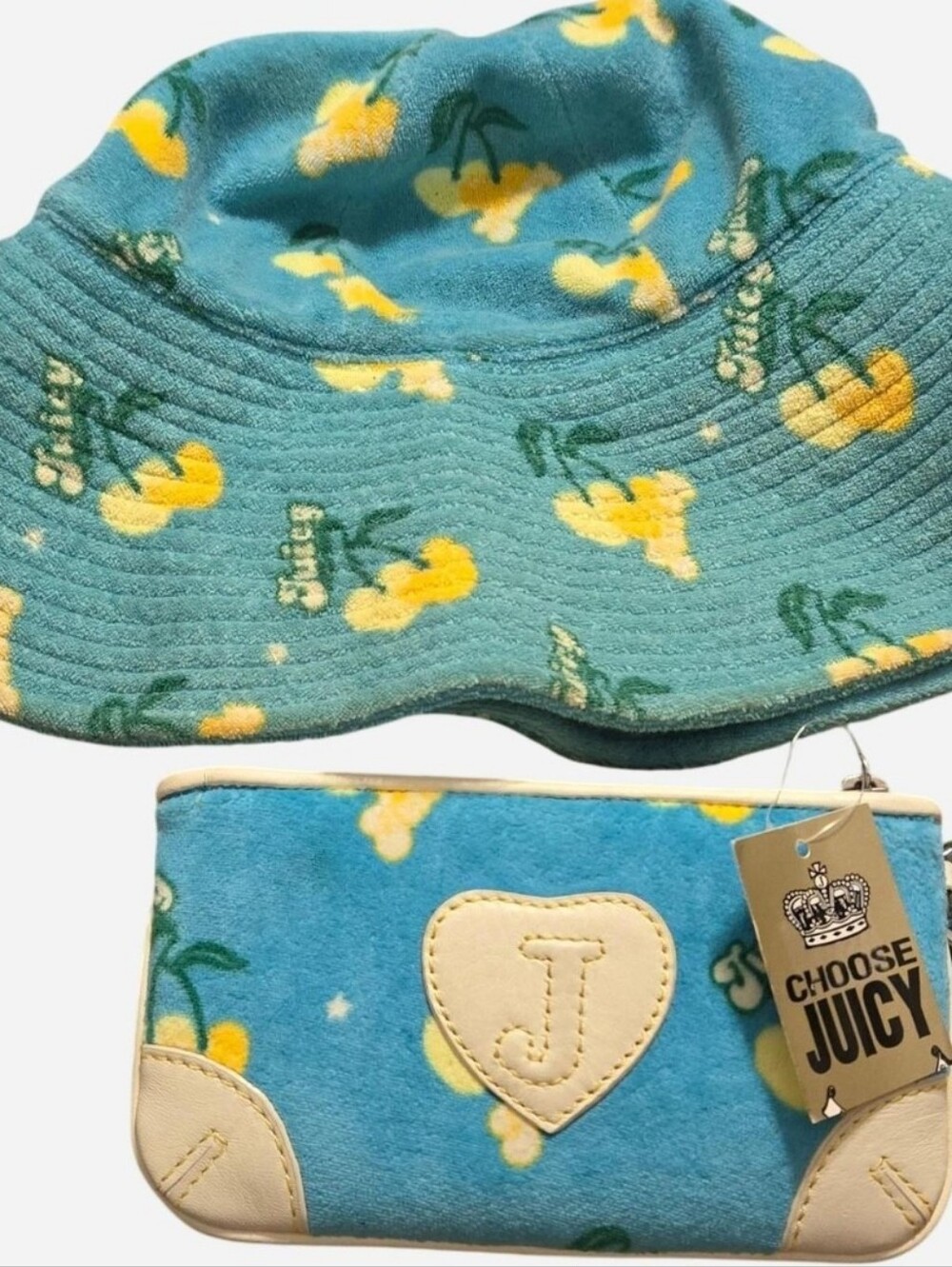 Vintage Juicy Couture blue & yellow cherry gelato terrycloth bucket hat